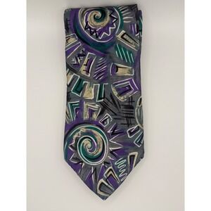 Geoffrey Beene Mens Silk Tie Abstract Geometric Swirl Purple Teal Grey RN43170